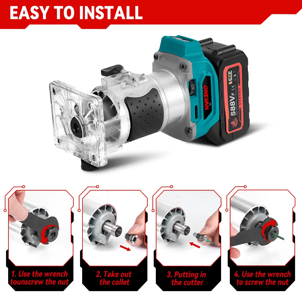 ONEVAN 1600W Brushless Electric Trimmer 5 Gears 6MM 6.35MM 8MM Cordless Engraving Slotting Milling Router For Makita Battery Pin