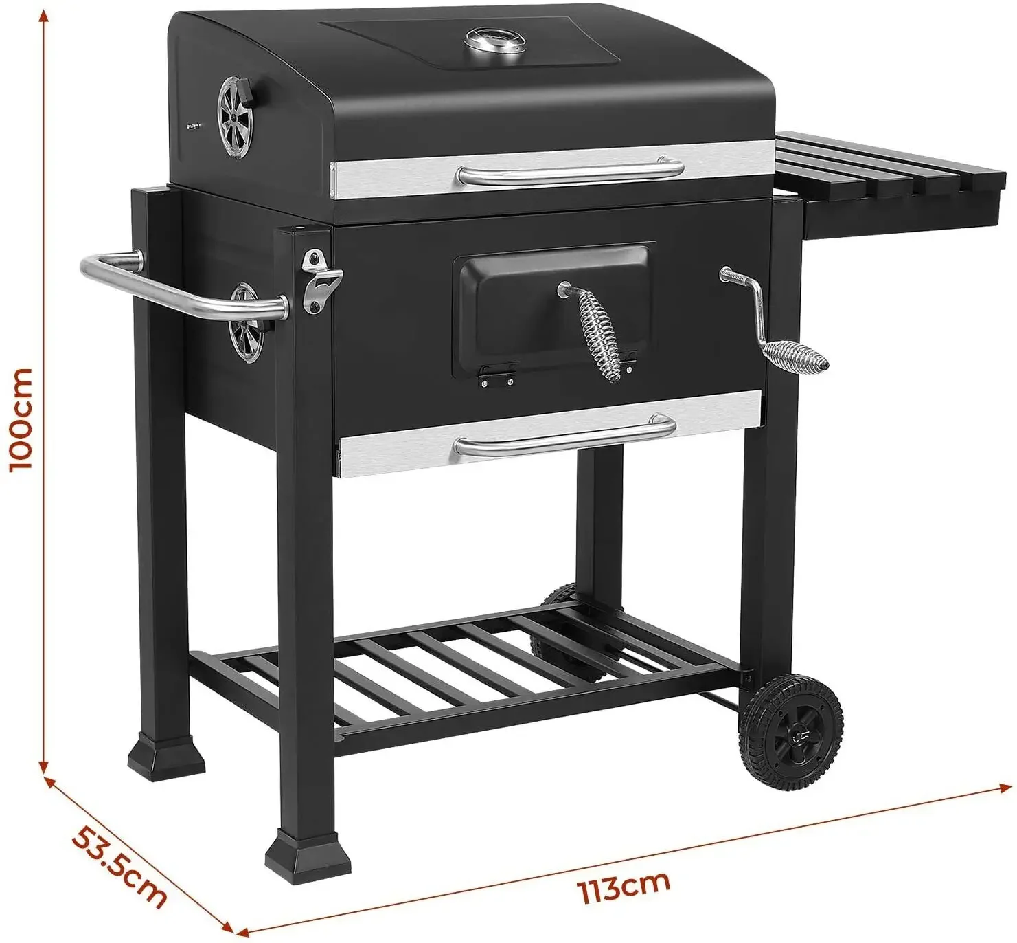 Grill Trolley Heavy Duty BBQ Charcoal Cart XXL, 116x55.7x100cm Charcoal Grill, Black with Opener, Pull-out Ashtray,Shelves,Hooks