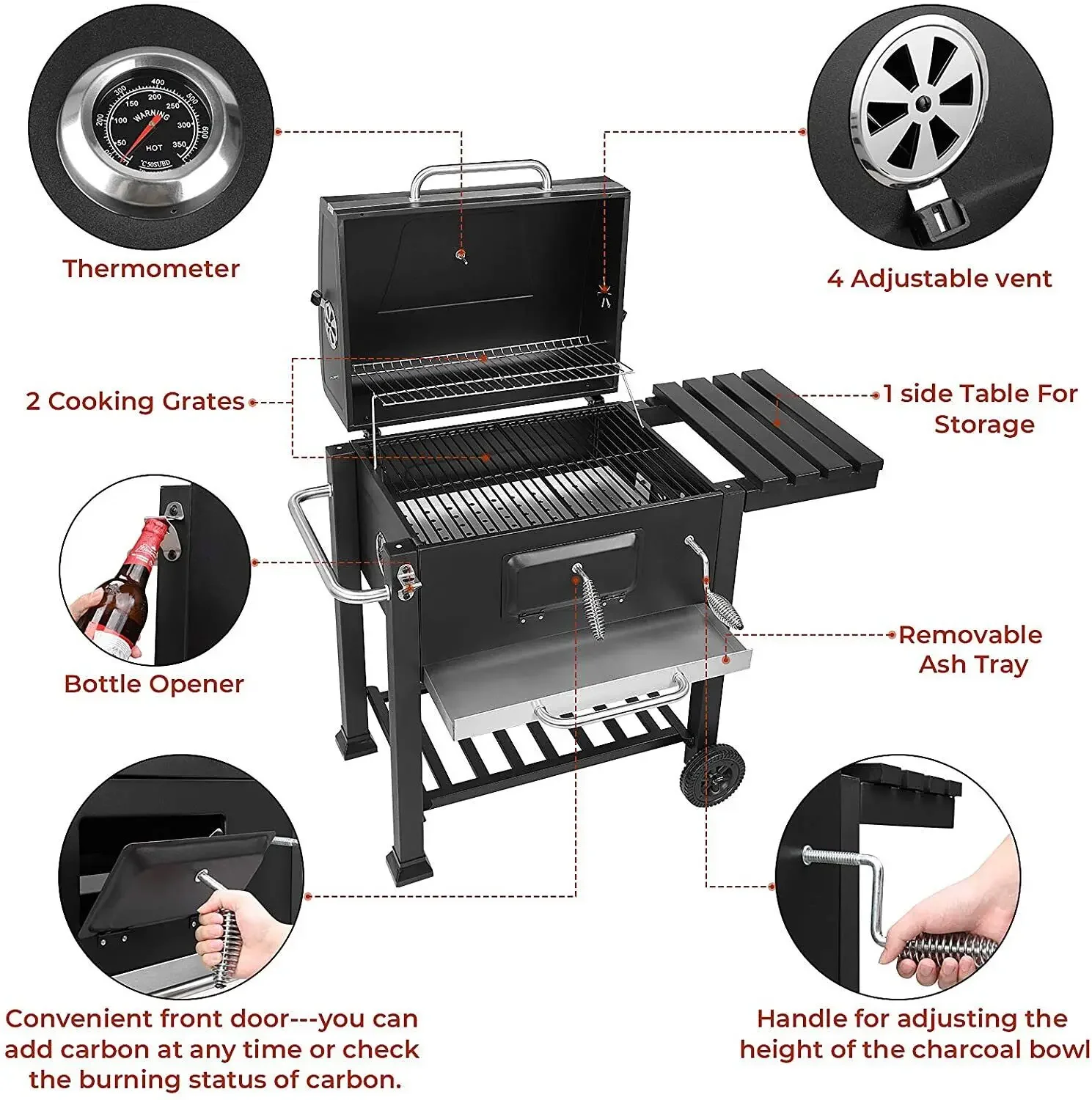 Grill Trolley Heavy Duty BBQ Charcoal Cart XXL, 116x55.7x100cm Charcoal Grill, Black with Opener, Pull-out Ashtray,Shelves,Hooks