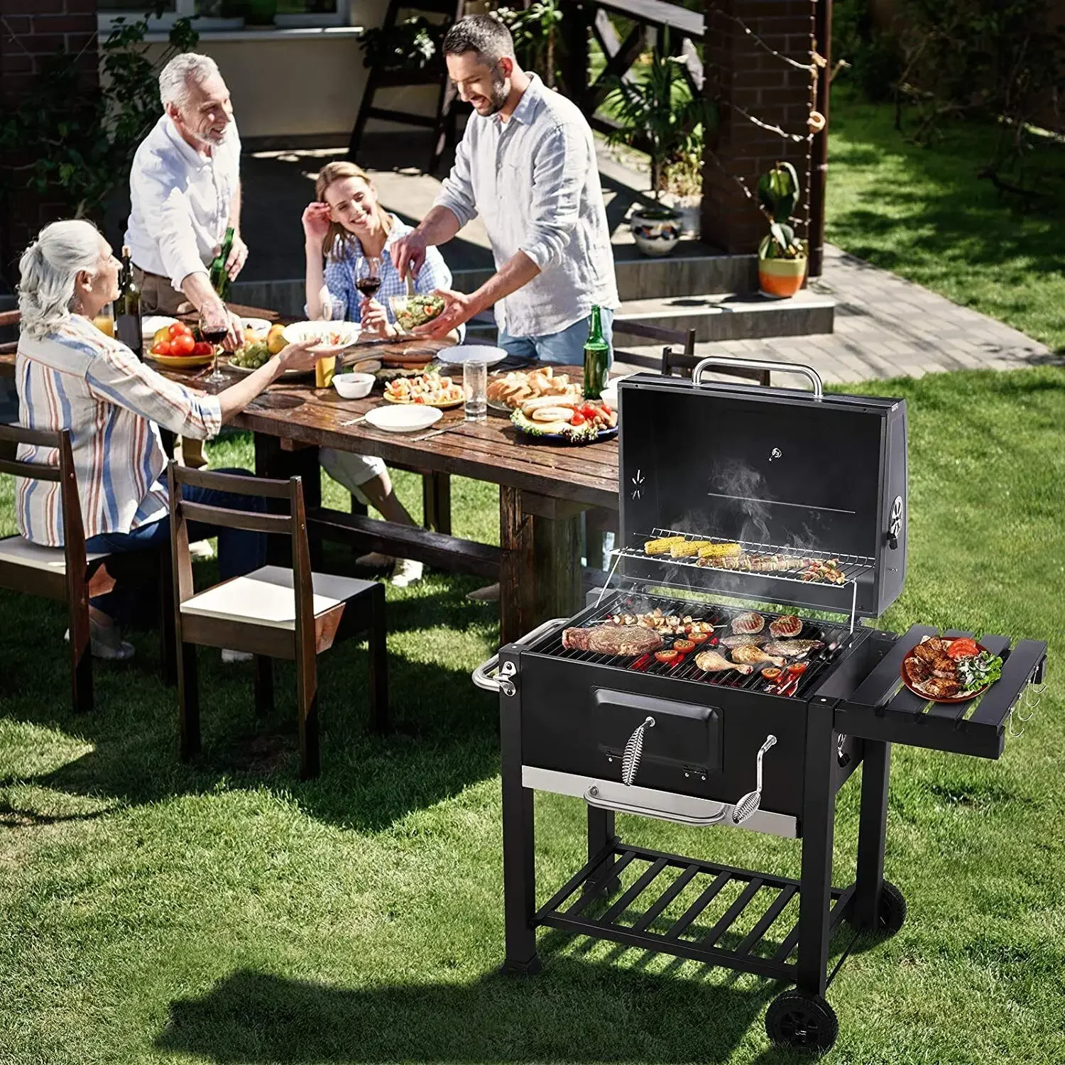 Grill Trolley Heavy Duty BBQ Charcoal Cart XXL, 116x55.7x100cm Charcoal Grill, Black with Opener, Pull-out Ashtray,Shelves,Hooks