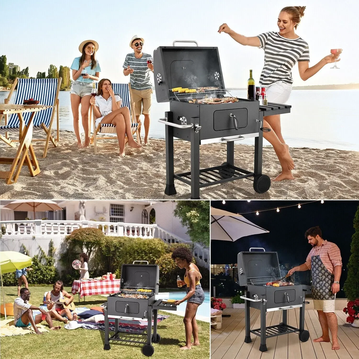 Grill Trolley Heavy Duty BBQ Charcoal Cart XXL, 116x55.7x100cm Charcoal Grill, Black with Opener, Pull-out Ashtray,Shelves,Hooks