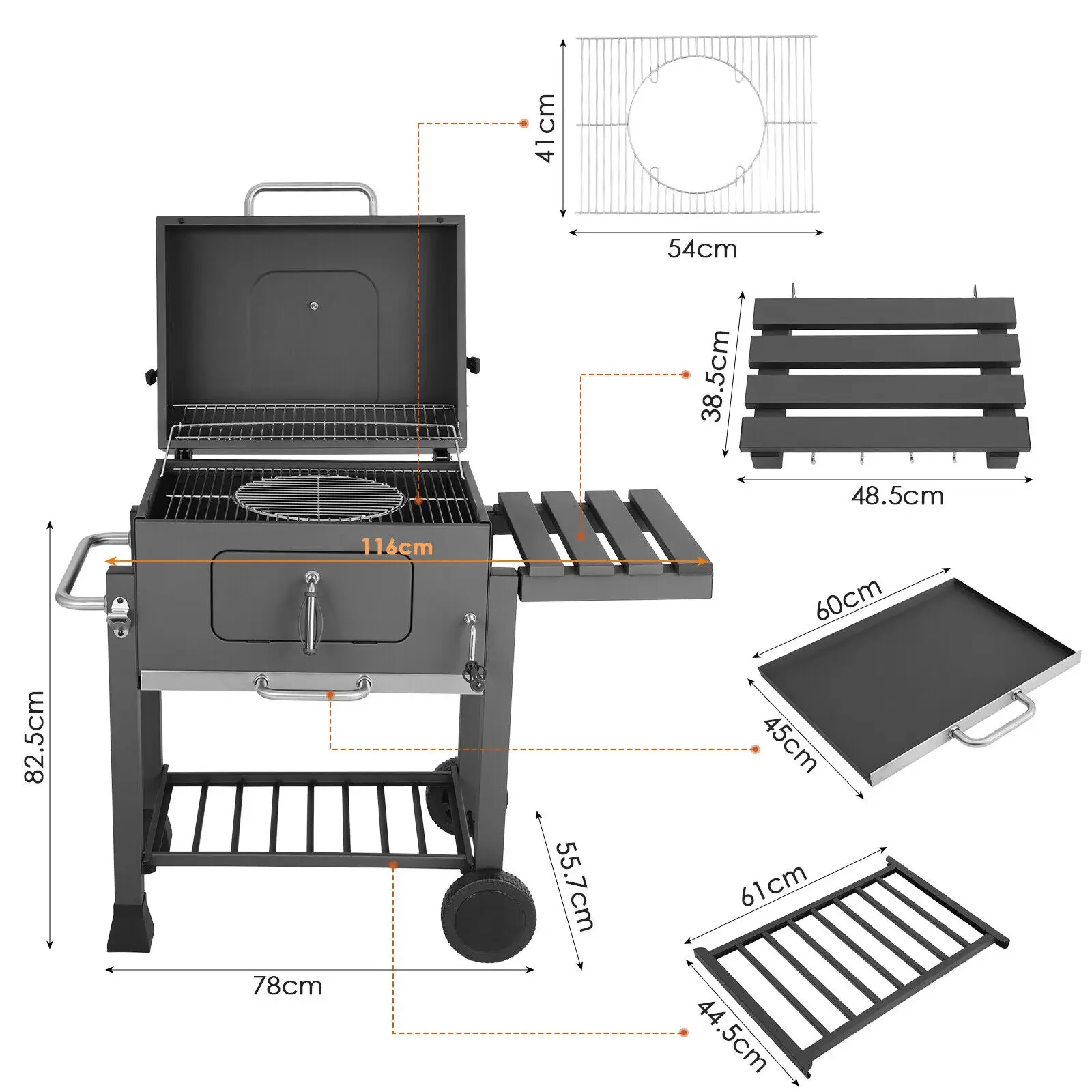 Grill Trolley Heavy Duty BBQ Charcoal Cart XXL, 116x55.7x100cm Charcoal Grill, Black with Opener, Pull-out Ashtray,Shelves,Hooks