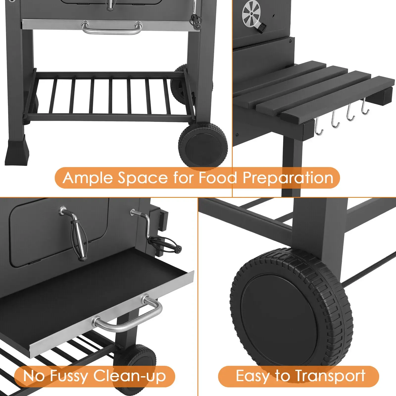 Grill Trolley Heavy Duty BBQ Charcoal Cart XXL, 116x55.7x100cm Charcoal Grill, Black with Opener, Pull-out Ashtray,Shelves,Hooks