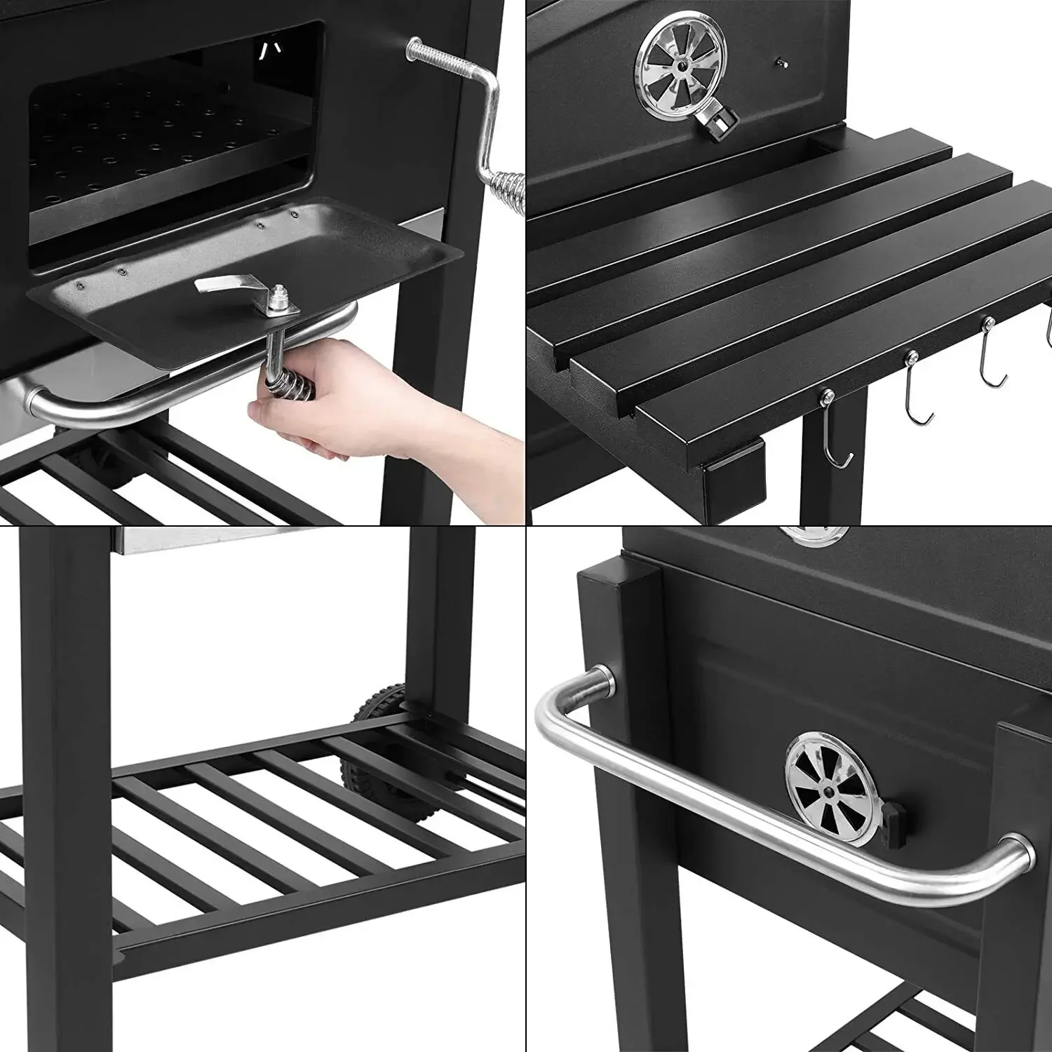 Grill Trolley Heavy Duty BBQ Charcoal Cart XXL, 116x55.7x100cm Charcoal Grill, Black with Opener, Pull-out Ashtray,Shelves,Hooks