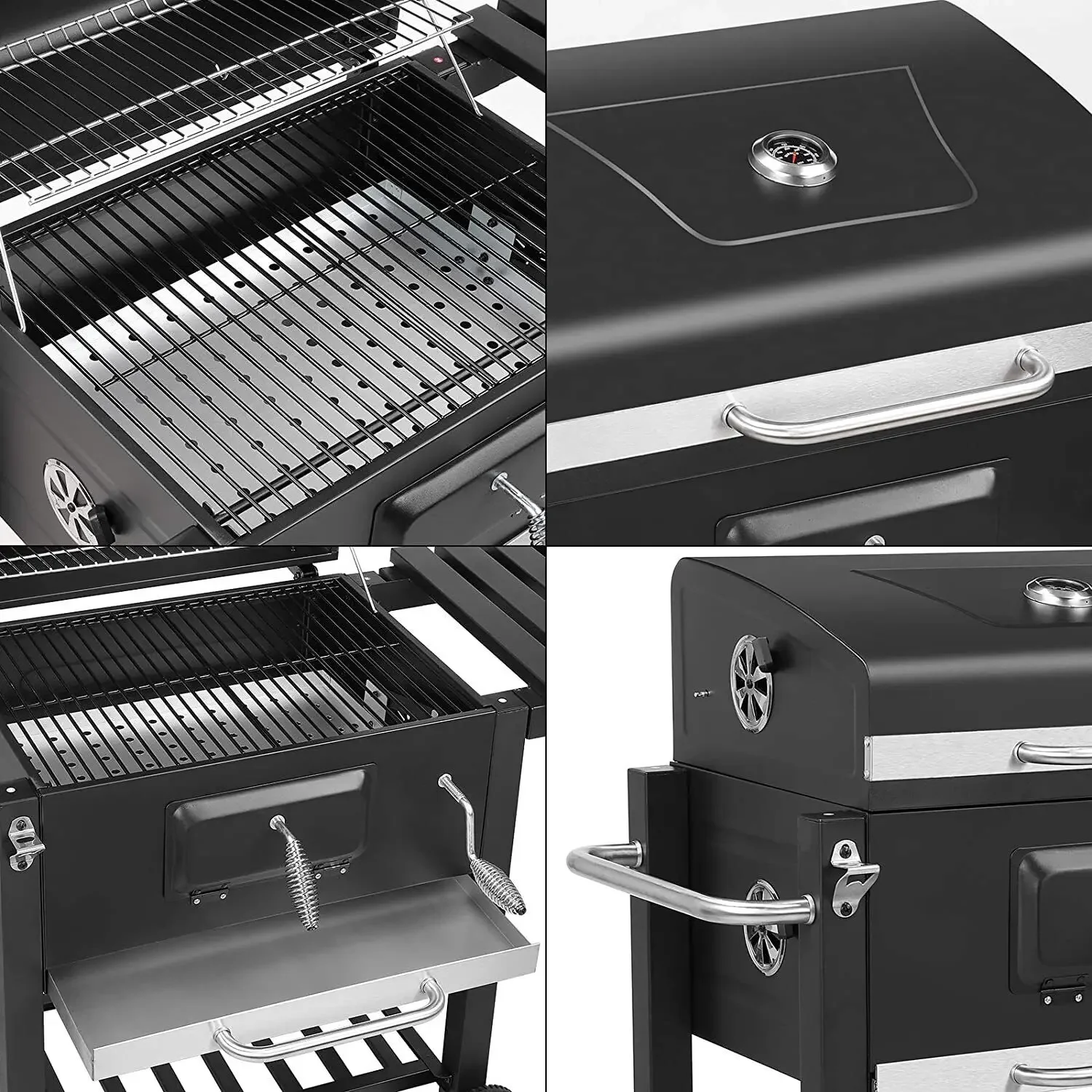 Grill Trolley Heavy Duty BBQ Charcoal Cart XXL, 116x55.7x100cm Charcoal Grill, Black with Opener, Pull-out Ashtray,Shelves,Hooks