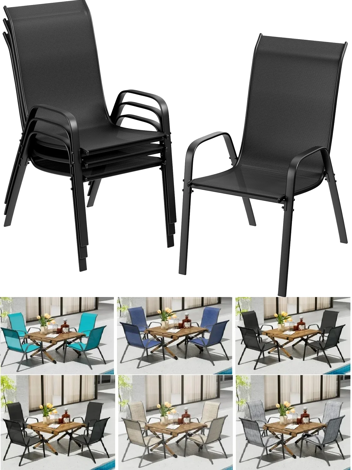 4PCS Garden Chairs Steel-iron+Teslin Fabric Folding High Back Balcony Chair Camping Chair Outdoor Seating Group Black