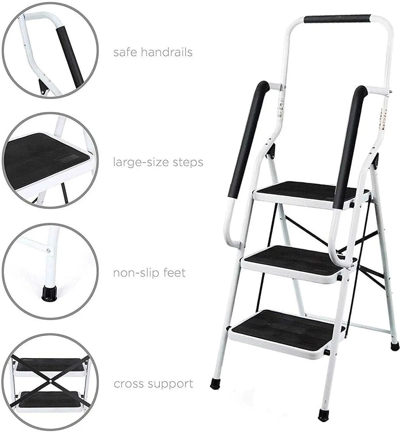 Stepladder 3 Steps Foldable With Handrail, Folding Step Made Of Steel &Retaining Bracket & Rubberized Steps- Easy To Store 150kg