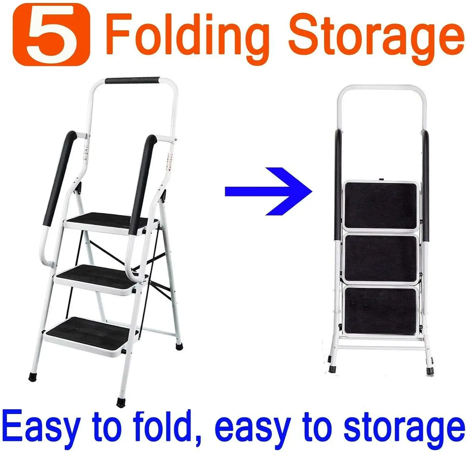 Stepladder 3 Steps Foldable With Handrail, Folding Step Made Of Steel &Retaining Bracket & Rubberized Steps- Easy To Store 150kg