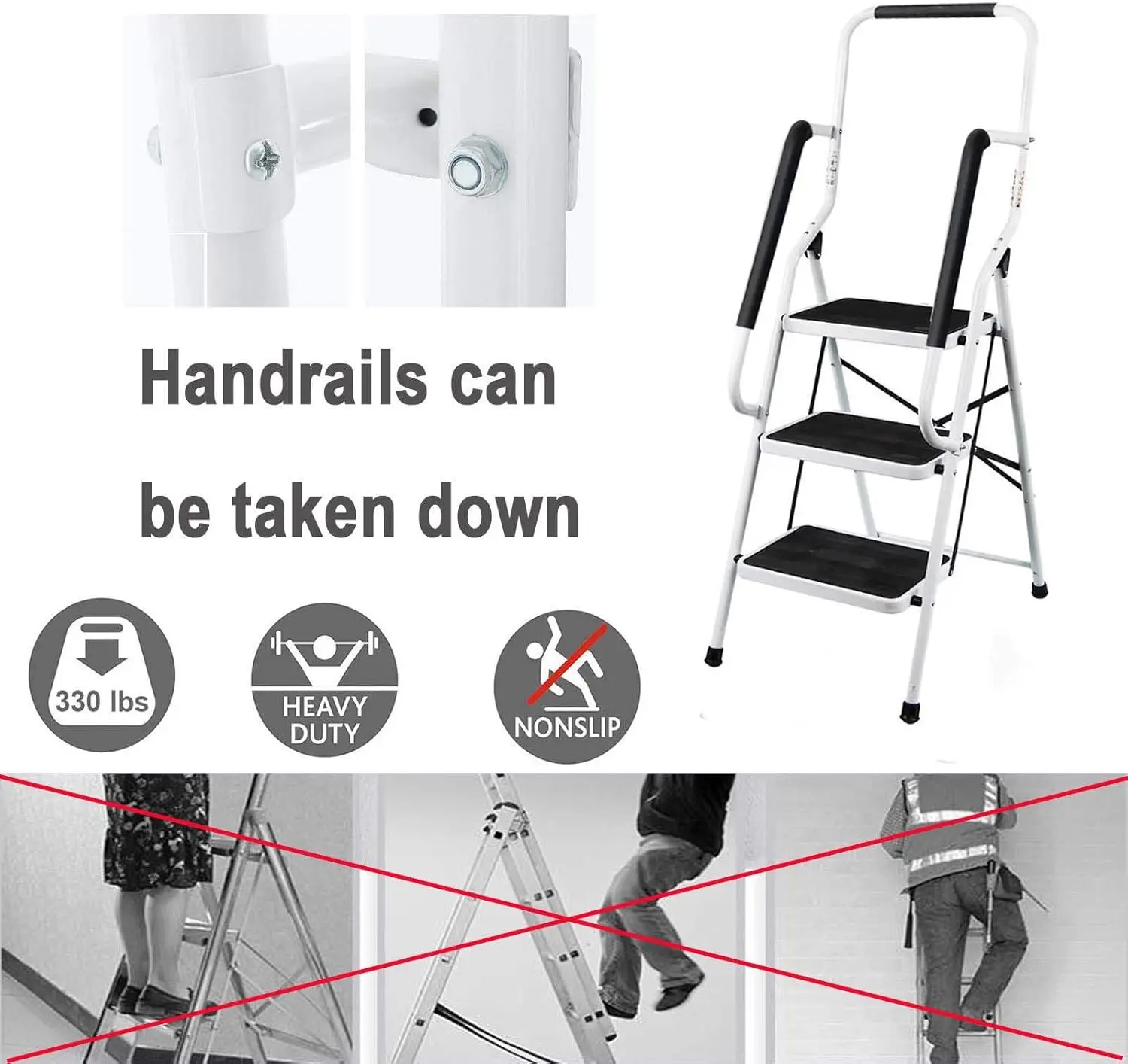Stepladder 3 Steps Foldable With Handrail, Folding Step Made Of Steel &Retaining Bracket & Rubberized Steps- Easy To Store 150kg