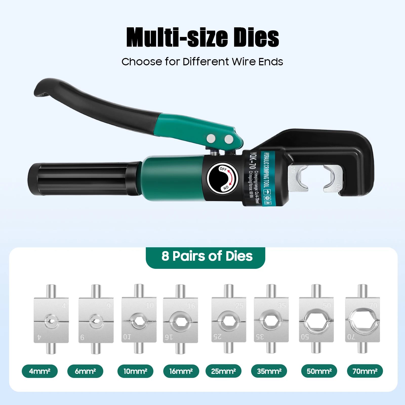 Hand Operated Hydraulic Crimping Tool YQK-70 60KN Manual Hydraulic Crimper with 8 Pairs of Dies 20CM Non-slip Rubber Handle