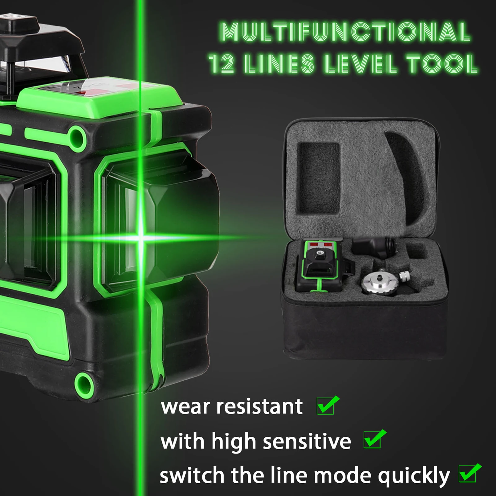 3D 12 Lines Self-leveling Laser Level with 1.2M 3 Heights Adjustable Alloy Extension Bar Tripod Stand and Carrying Bag