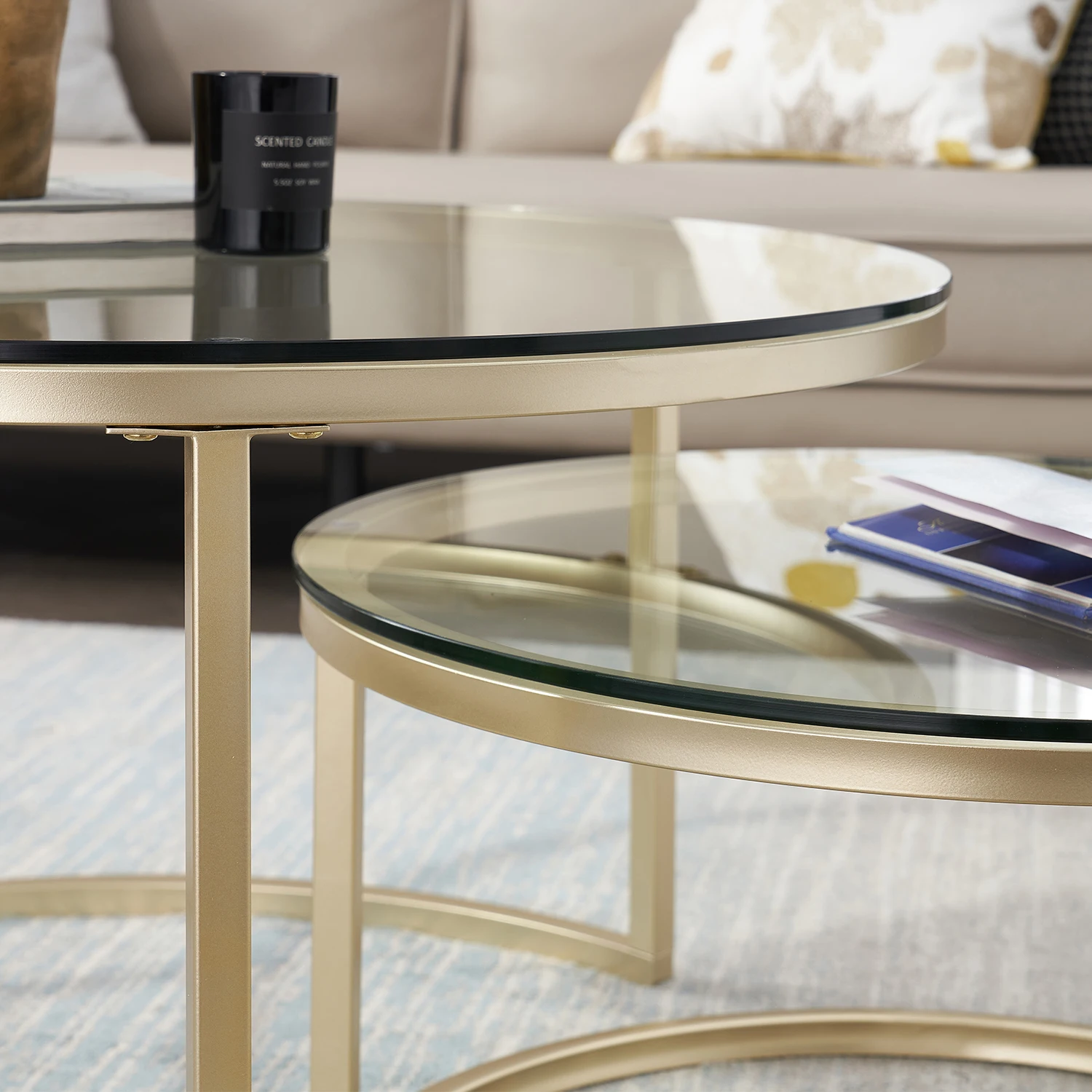 EGOONM 2 in 1 Iron Coffee Table Fashion Small Apartment Living Room Coffee Table Tempered Glass Round Sofa Side Coffee Table