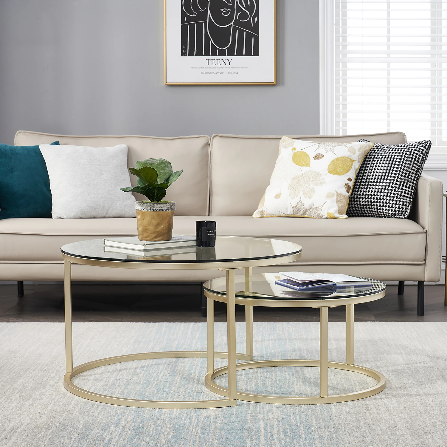 EGOONM 2 in 1 Iron Coffee Table Fashion Small Apartment Living Room Coffee Table Tempered Glass Round Sofa Side Coffee Table