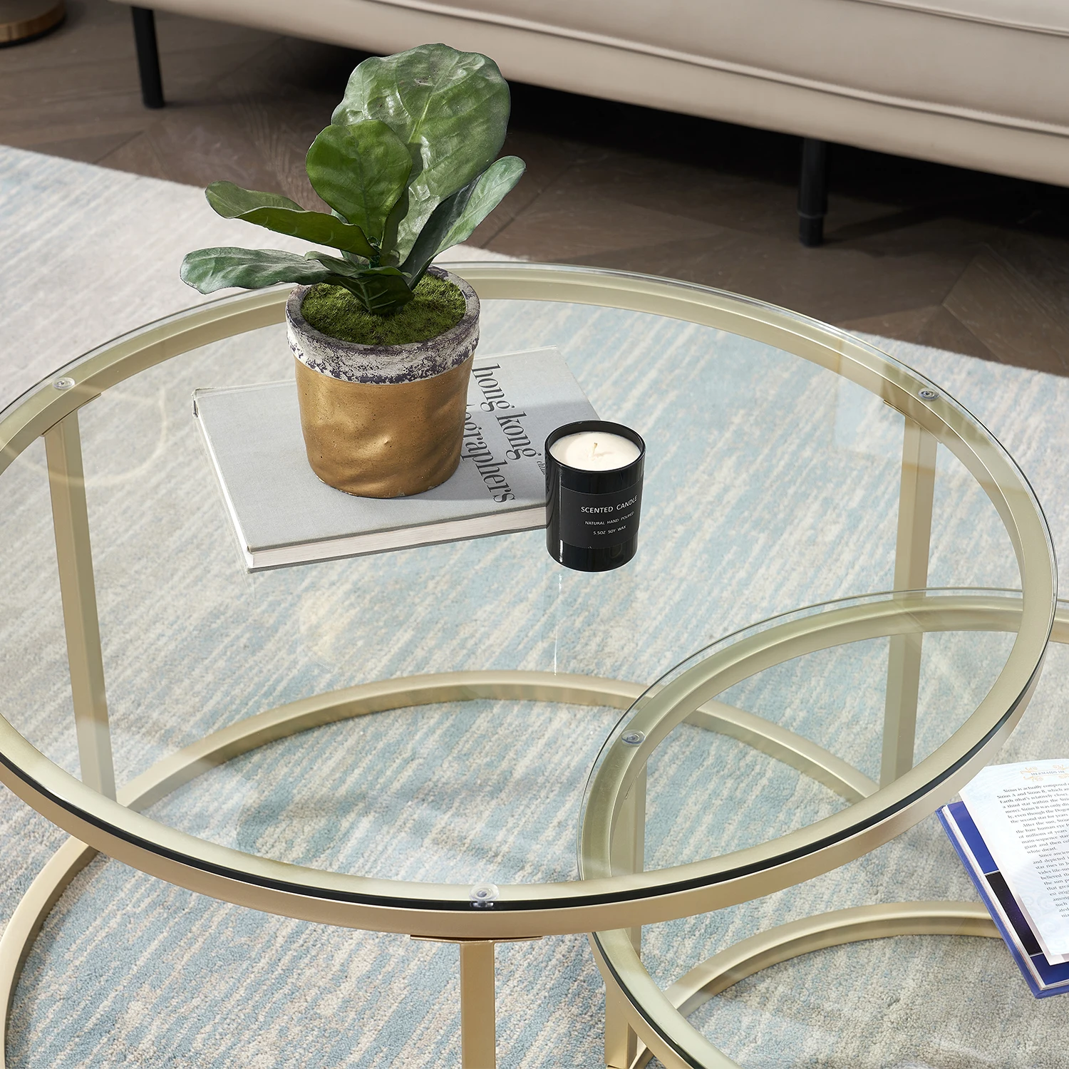 EGOONM 2 in 1 Iron Coffee Table Fashion Small Apartment Living Room Coffee Table Tempered Glass Round Sofa Side Coffee Table