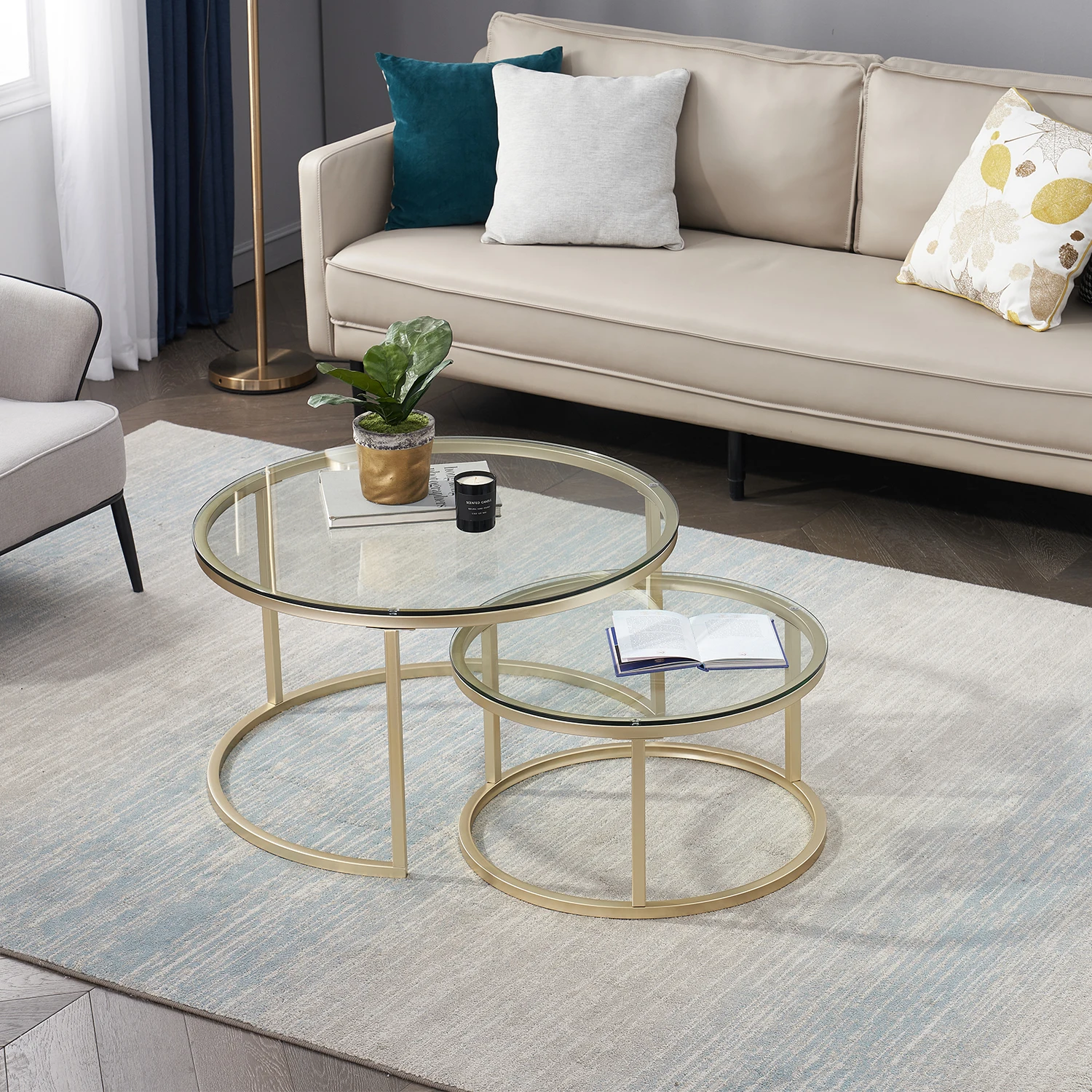 EGOONM 2 in 1 Iron Coffee Table Fashion Small Apartment Living Room Coffee Table Tempered Glass Round Sofa Side Coffee Table