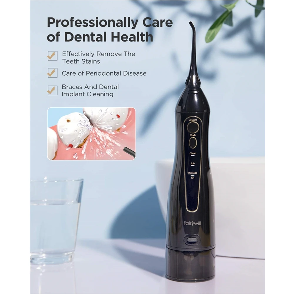 Fairywill Water Flossers Oral Irrigator Rechargeable Portable Dental 3 Modes Water Tank for Teeth 300ML Waterproof Teeth Cleaner