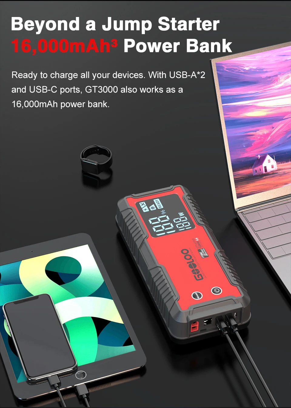 GOOLOO 3000A Car Jump Starter 16000mAh Power Bank Portable Charger Booster 12V Auto Starting Device Emergency Battery Starter
