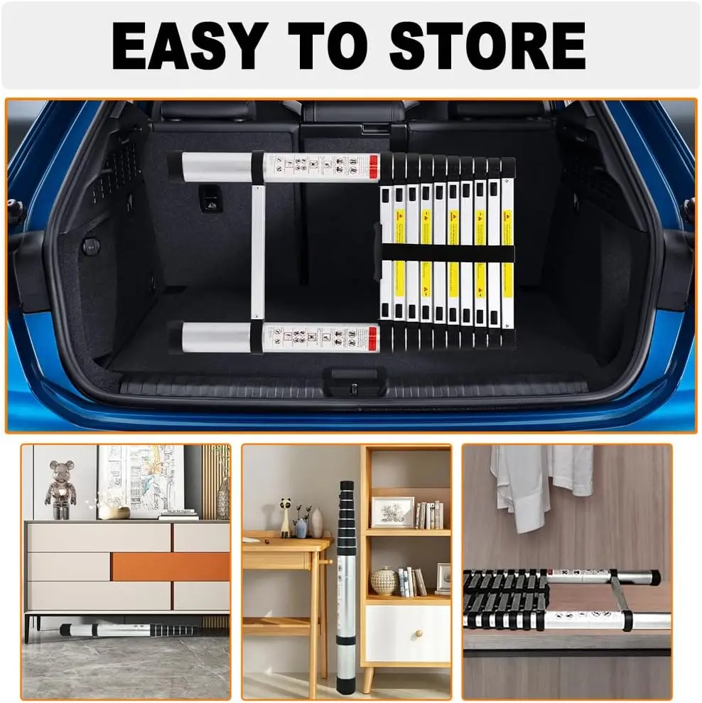 DayPlus Telescopic Ladder 6.2M/20.3FT W/Detachable Hooks&Extendable Steps,Folding Tall Loft CollapsibleLadder with Non-Slip Feet