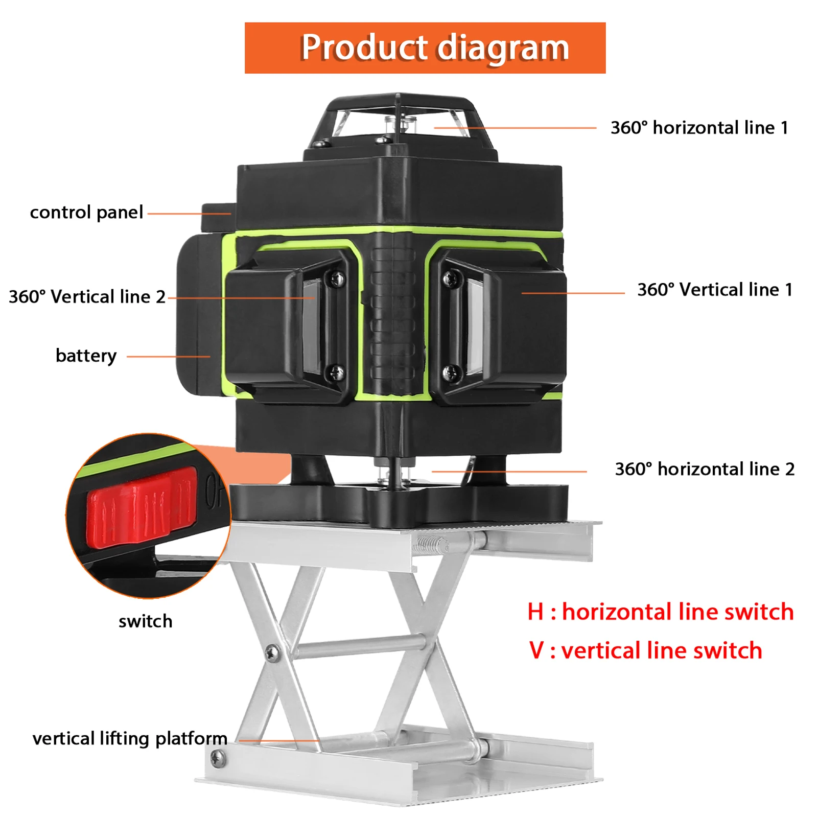 16 Lines Level Multifunctional Tool Vertical Horizontal Line with Self-leveling Function with 1.2M 3-Heights Adjustable Alloy Ex