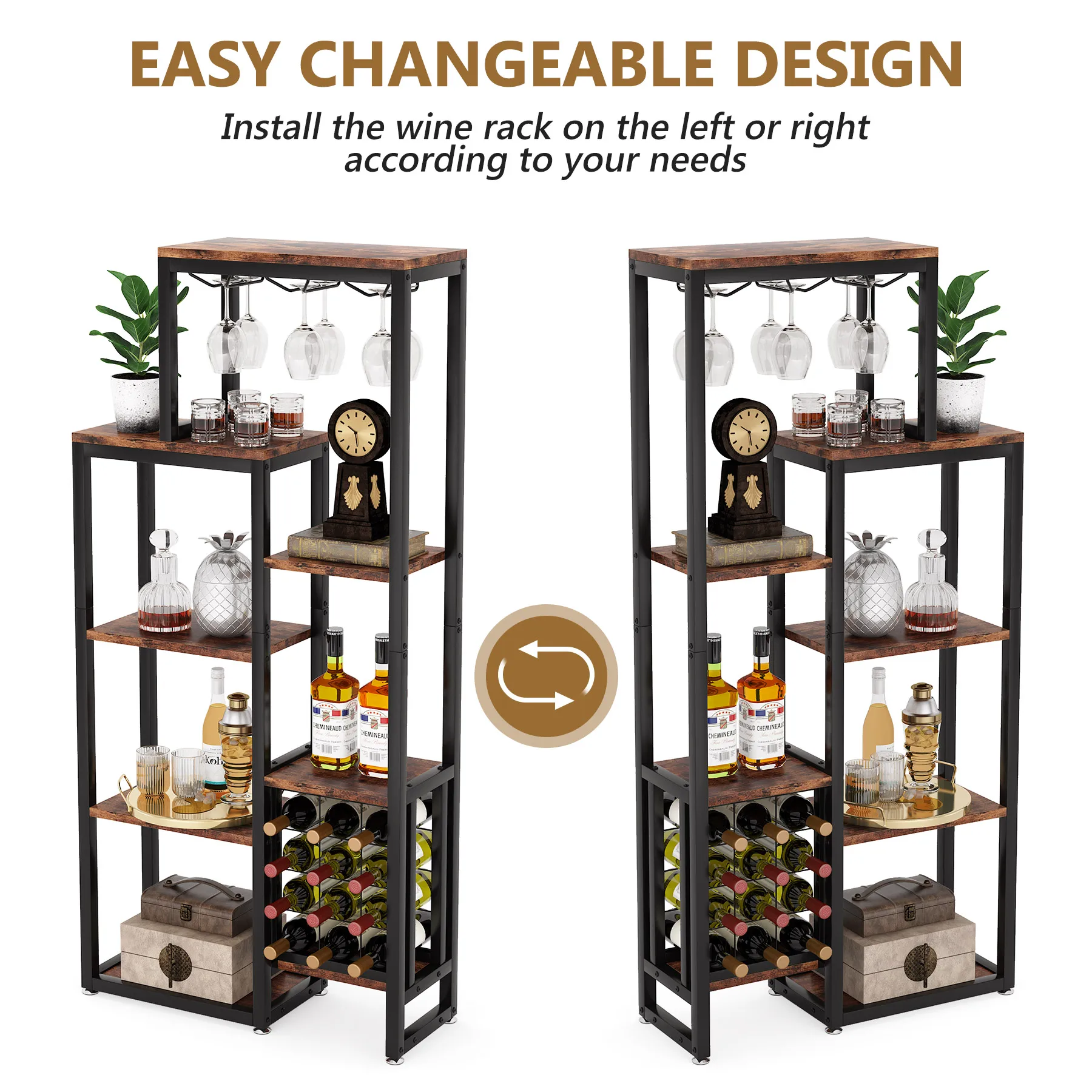 Tribesigns Wine Rack Freestanding Floor, 5-Tier Wine Baker Rack with Glass Holder & Wine Storage, Industrial Wine Display Shelf