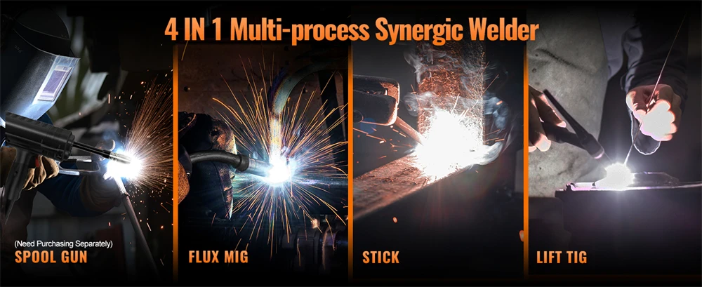 HITBOX MIG Welder 4 in 1 Stick/MMA Flux Core MIG Lift TIG Support Spool Gun Semi-Automatic Welding Machine Non Gas Soldering Inverter Welder for 1KG Welding Wire HIM200