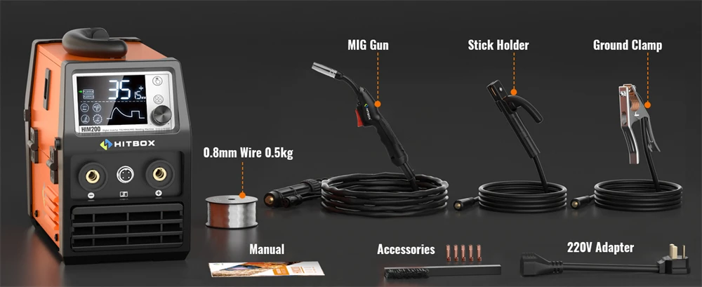 HITBOX MIG Welder 4 in 1 Stick/MMA Flux Core MIG Lift TIG Support Spool Gun Semi-Automatic Welding Machine Non Gas Soldering Inverter Welder for 1KG Welding Wire HIM200