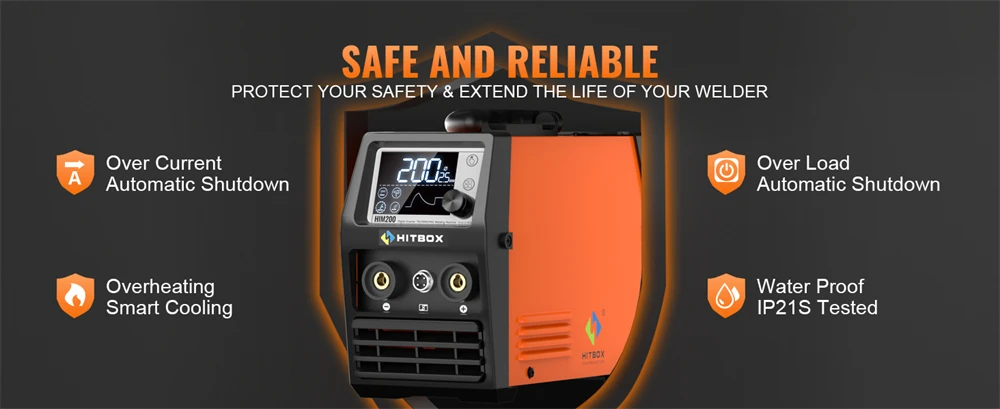 HITBOX MIG Welder 4 in 1 Stick/MMA Flux Core MIG Lift TIG Support Spool Gun Semi-Automatic Welding Machine Non Gas Soldering Inverter Welder for 1KG Welding Wire HIM200