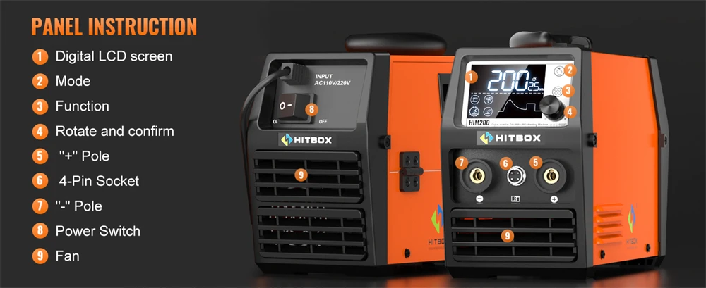 HITBOX MIG Welder 4 in 1 Stick/MMA Flux Core MIG Lift TIG Support Spool Gun Semi-Automatic Welding Machine Non Gas Soldering Inverter Welder for 1KG Welding Wire HIM200