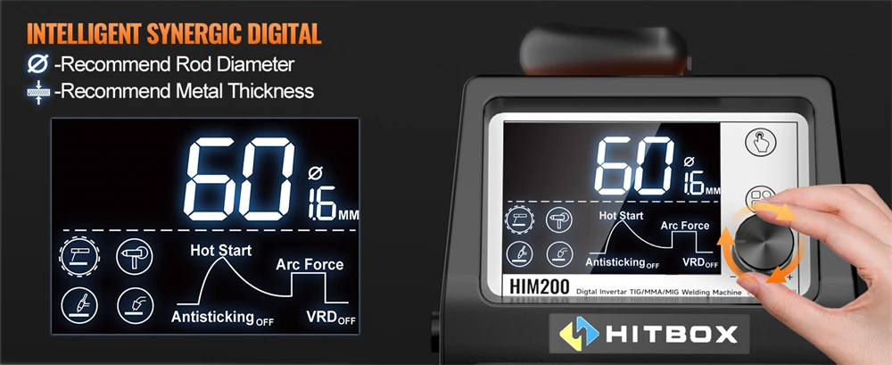 HITBOX MIG Welder 4 in 1 Stick/MMA Flux Core MIG Lift TIG Support Spool Gun Semi-Automatic Welding Machine Non Gas Soldering Inverter Welder for 1KG Welding Wire HIM200