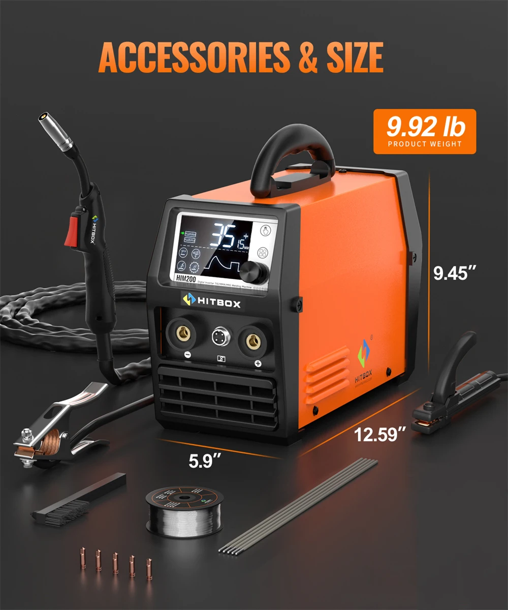 HITBOX MIG Welder 4 in 1 Stick/MMA Flux Core MIG Lift TIG Support Spool Gun Semi-Automatic Welding Machine Non Gas Soldering Inverter Welder for 1KG Welding Wire HIM200