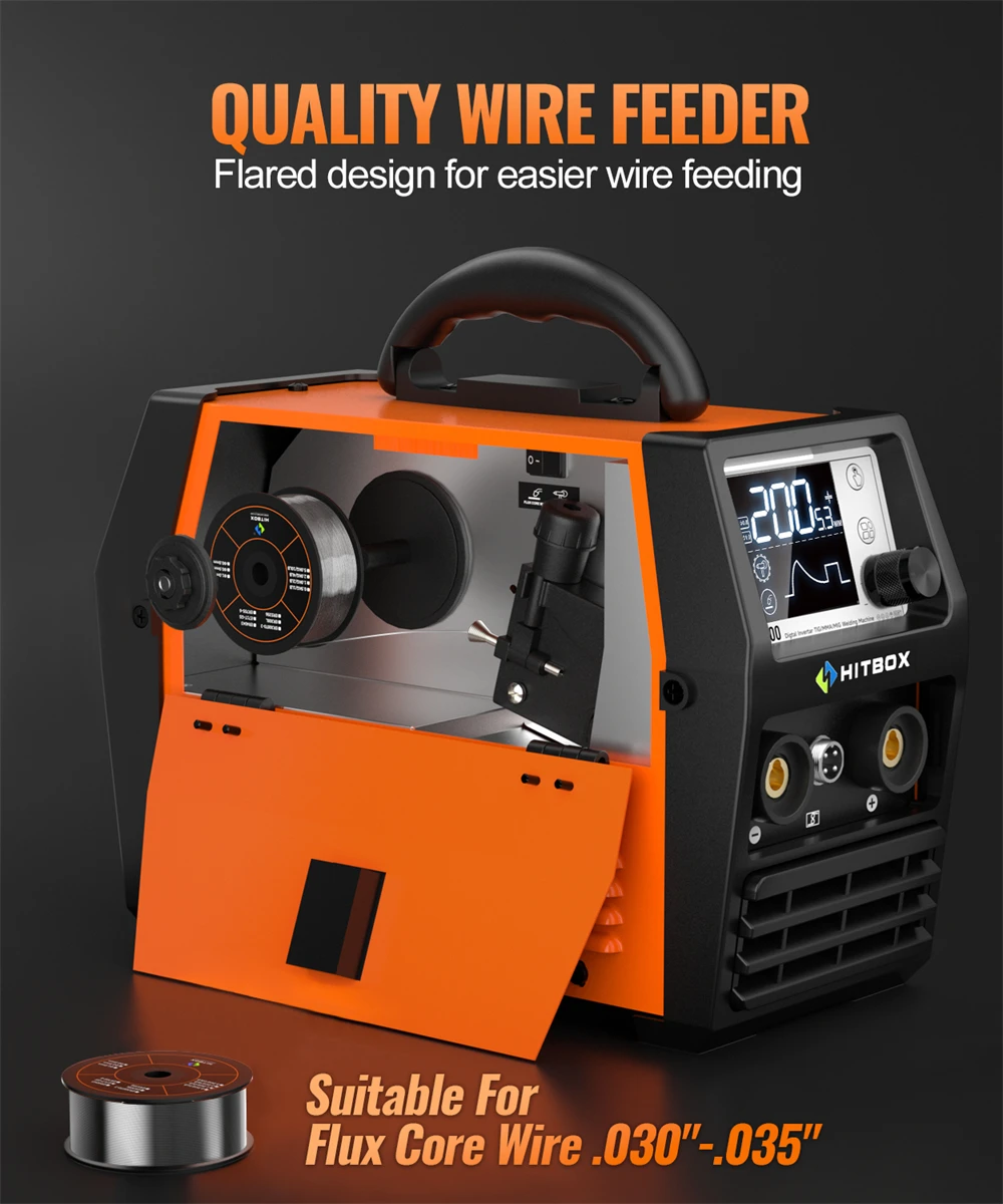 HITBOX MIG Welder 4 in 1 Stick/MMA Flux Core MIG Lift TIG Support Spool Gun Semi-Automatic Welding Machine Non Gas Soldering Inverter Welder for 1KG Welding Wire HIM200