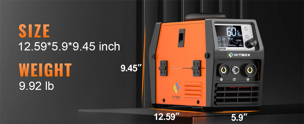 HITBOX MIG Welder 4 in 1 Stick/MMA Flux Core MIG Lift TIG Support Spool Gun Semi-Automatic Welding Machine Non Gas Soldering Inverter Welder for 1KG Welding Wire HIM200