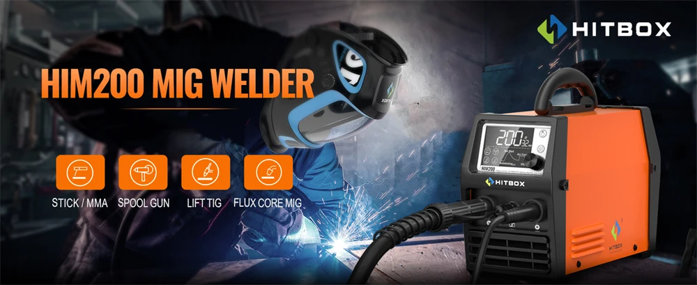 HITBOX MIG Welder 4 in 1 Stick/MMA Flux Core MIG Lift TIG Support Spool Gun Semi-Automatic Welding Machine Non Gas Soldering Inverter Welder for 1KG Welding Wire HIM200