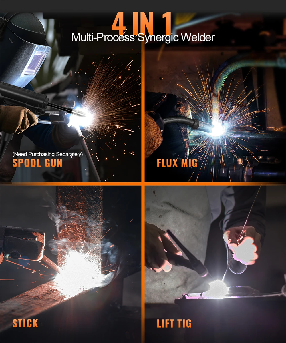 HITBOX MIG Welder 4 in 1 Stick/MMA Flux Core MIG Lift TIG Support Spool Gun Semi-Automatic Welding Machine Non Gas Soldering Inverter Welder for 1KG Welding Wire HIM200
