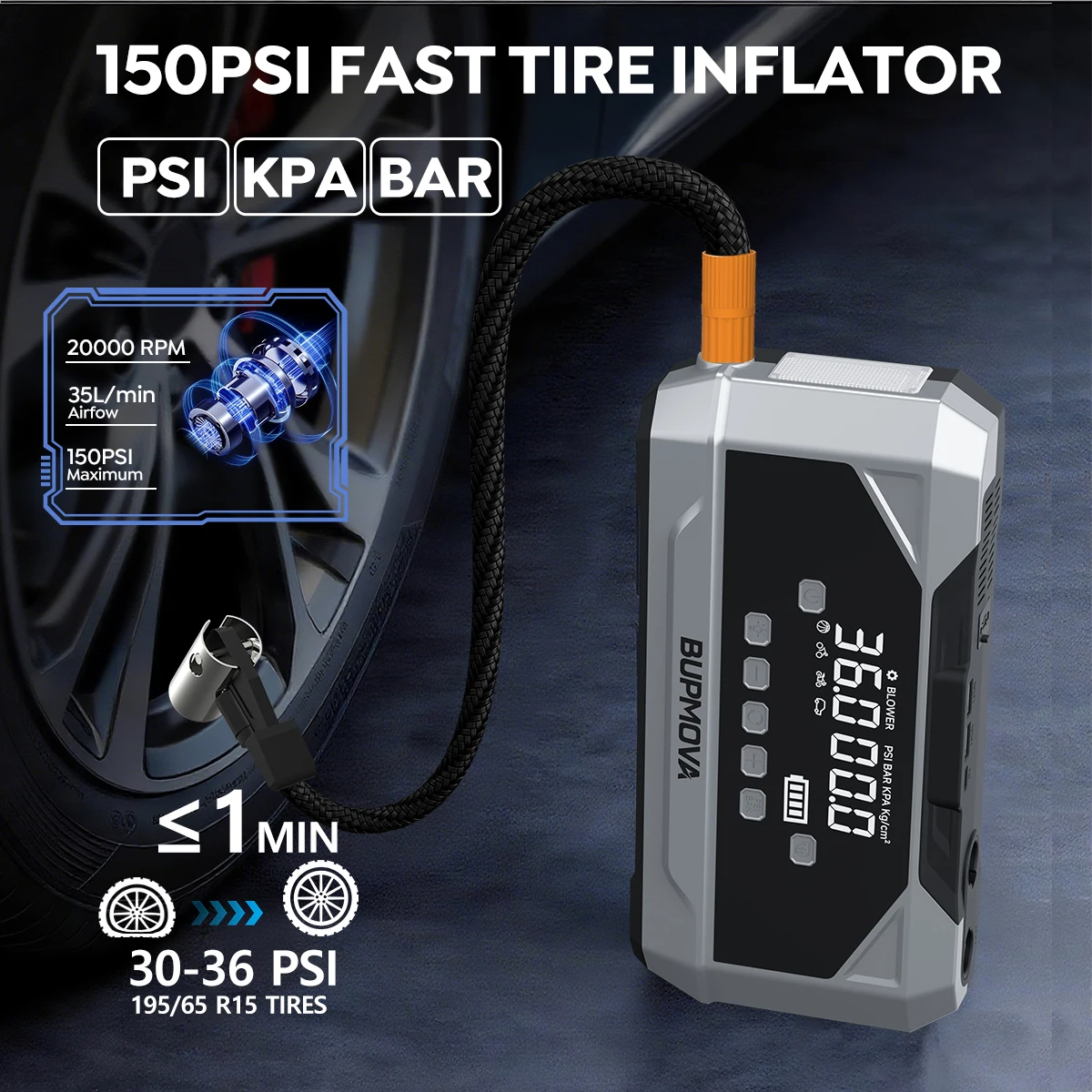 A 8000mah Jump Starter Power Bank Featuring a 150 PSI Air Compressor, Capable of Boosting 1500 A for 12V Car Batteries, Suitable for ALL Gasoline Or 10L Diesel Engines. This 2-In-1 Portable Jump Box Includes an LCD Display And LED Lights