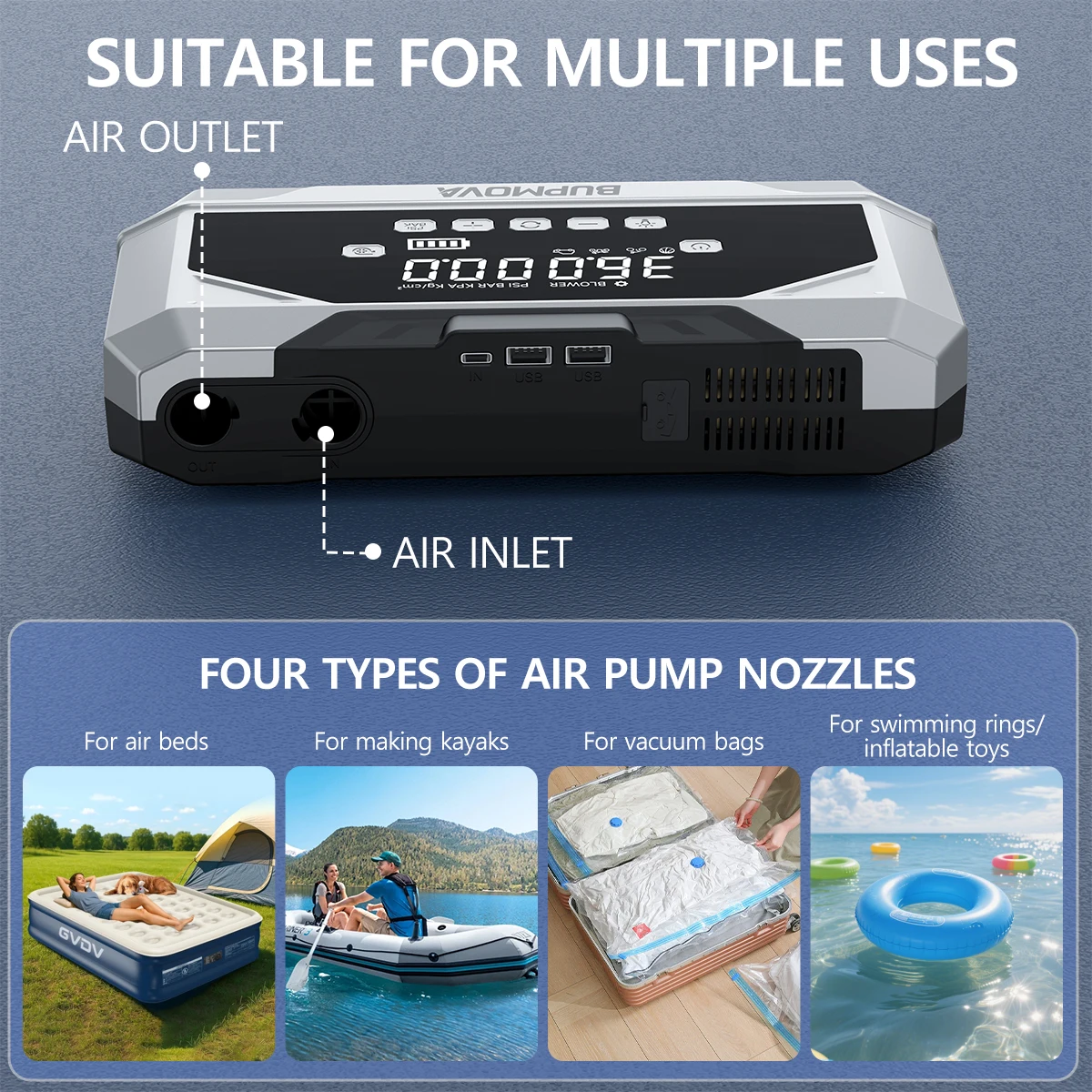 A 8000mah Jump Starter Power Bank Featuring a 150 PSI Air Compressor, Capable of Boosting 1500 A for 12V Car Batteries, Suitable for ALL Gasoline Or 10L Diesel Engines. This 2-In-1 Portable Jump Box Includes an LCD Display And LED Lights