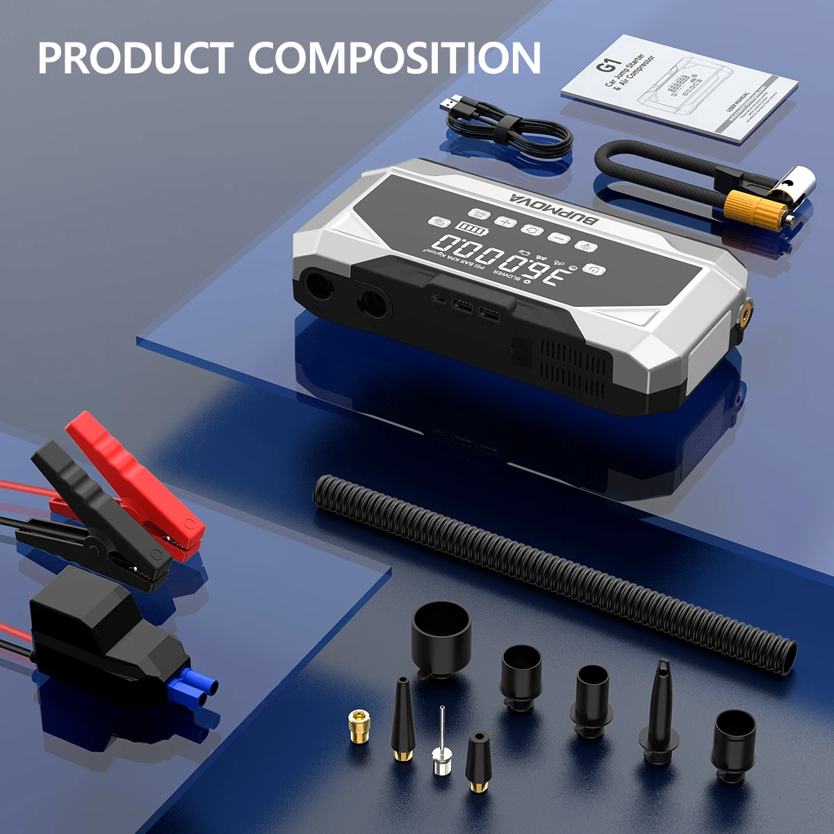 A 8000mah Jump Starter Power Bank Featuring a 150 PSI Air Compressor, Capable of Boosting 1500 A for 12V Car Batteries, Suitable for ALL Gasoline Or 10L Diesel Engines. This 2-In-1 Portable Jump Box Includes an LCD Display And LED Lights