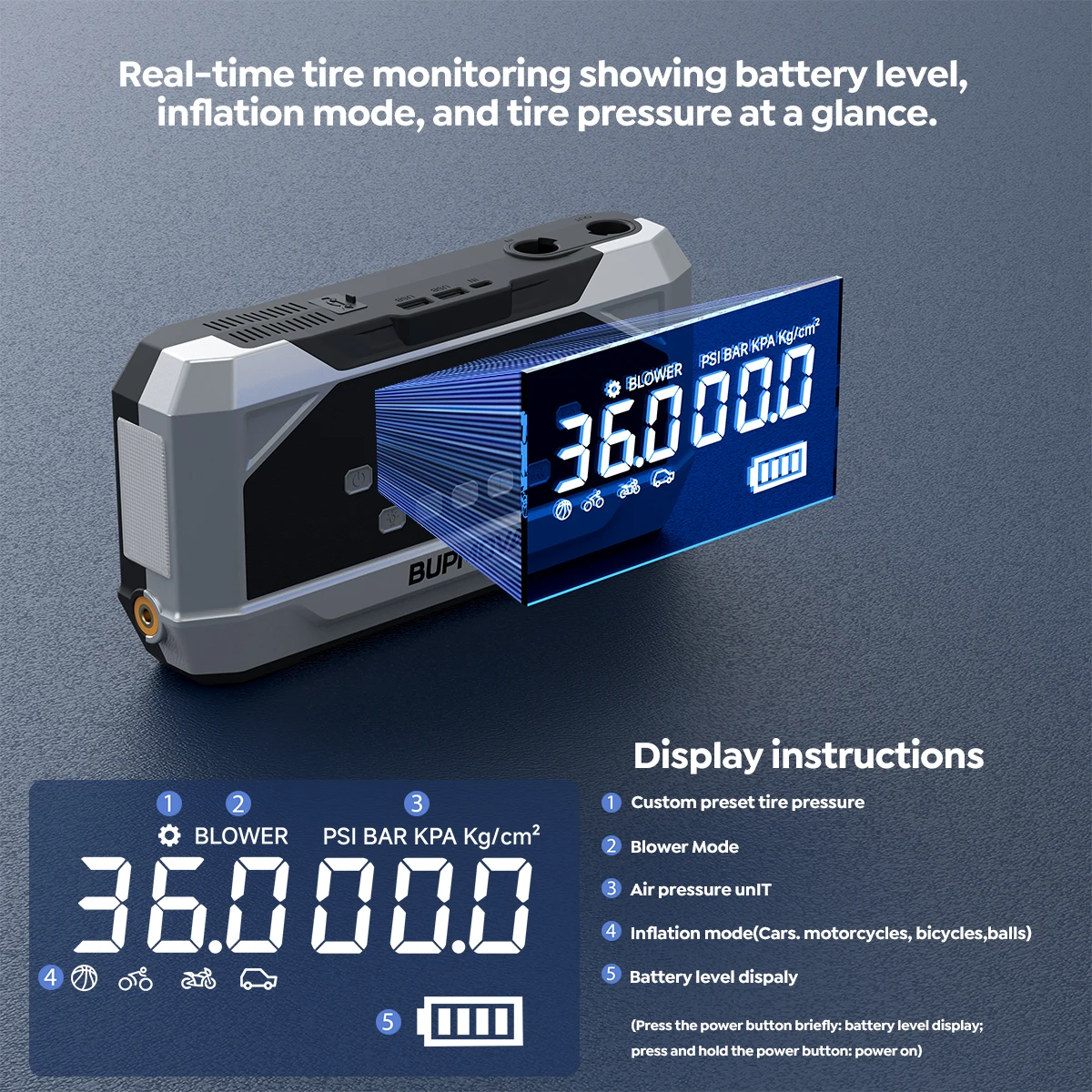 A 8000mah Jump Starter Power Bank Featuring a 150 PSI Air Compressor, Capable of Boosting 1500 A for 12V Car Batteries, Suitable for ALL Gasoline Or 10L Diesel Engines. This 2-In-1 Portable Jump Box Includes an LCD Display And LED Lights
