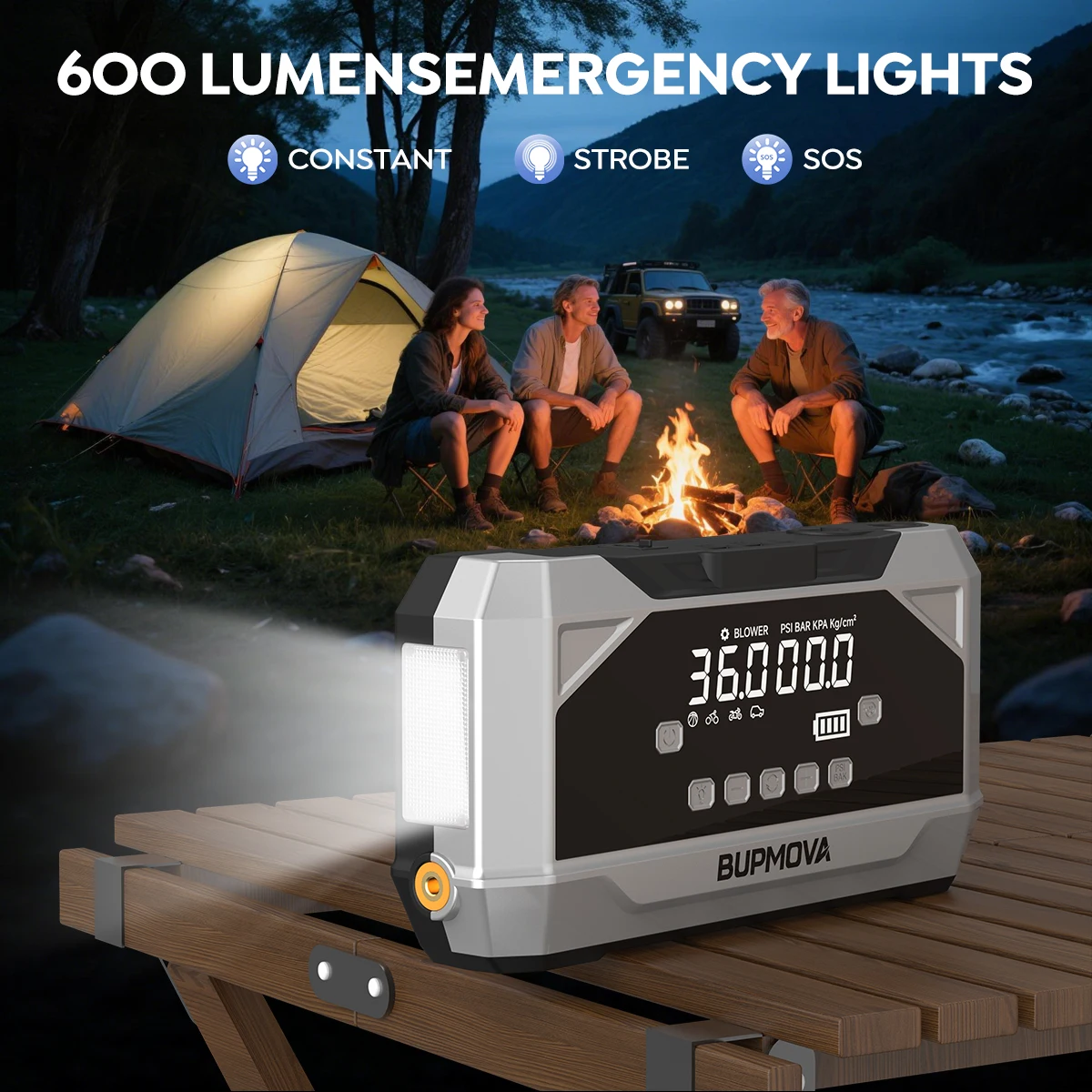 A 8000mah Jump Starter Power Bank Featuring a 150 PSI Air Compressor, Capable of Boosting 1500 A for 12V Car Batteries, Suitable for ALL Gasoline Or 10L Diesel Engines. This 2-In-1 Portable Jump Box Includes an LCD Display And LED Lights