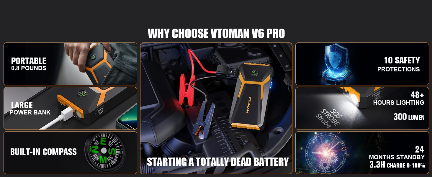 VTOMAN V6 Pro Car Jump Starter Power Bank 2000A Car Battery Charger Auto Emergency Booster Starting Device Jump Starter