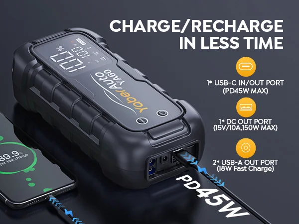 6000A Jump Starter 150W DC PD45W Car Battery Charger 3.3 LED Screen 600 Lumens Flashlight Battery Charger Super Starting Device