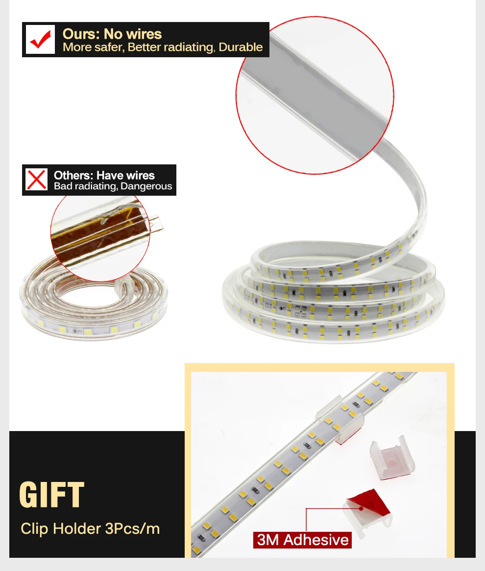 220V LED Strip 2835 High Safety High Brightness 180LEDs/m3000K 4000K 6000K Flexible LED Light Outdoor Waterproof LED Strip Light