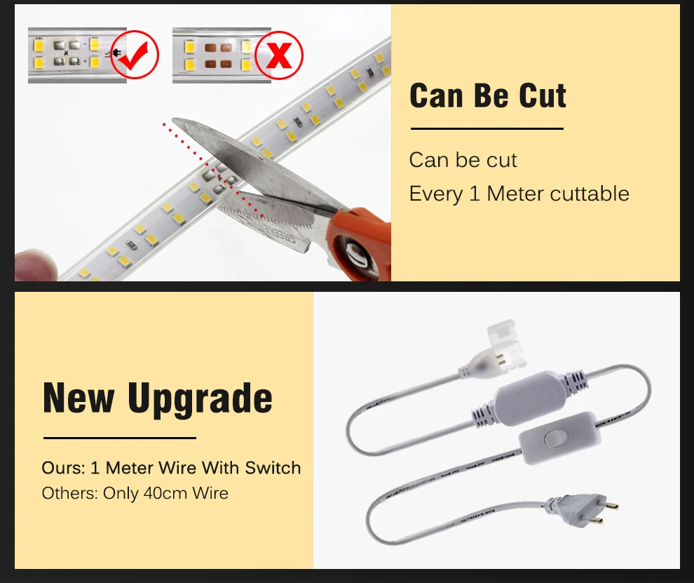 220V LED Strip 2835 High Safety High Brightness 180LEDs/m3000K 4000K 6000K Flexible LED Light Outdoor Waterproof LED Strip Light