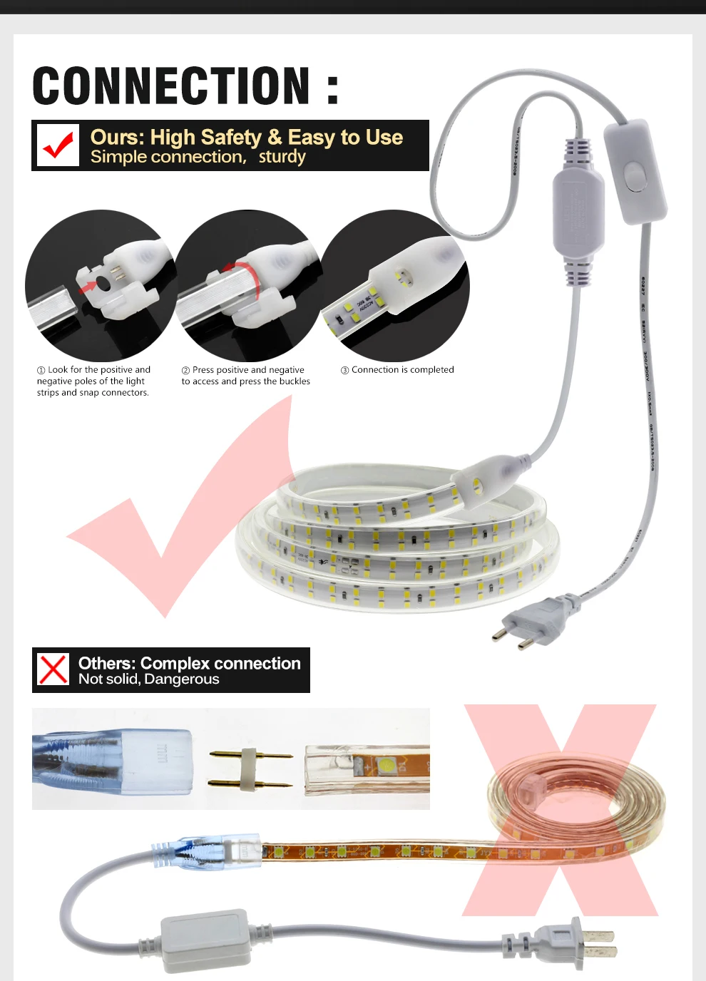 220V LED Strip 2835 High Safety High Brightness 180LEDs/m3000K 4000K 6000K Flexible LED Light Outdoor Waterproof LED Strip Light