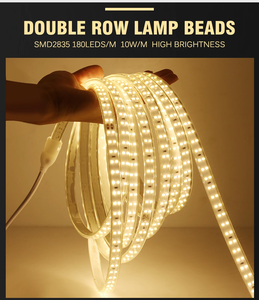 220V LED Strip 2835 High Safety High Brightness 180LEDs/m3000K 4000K 6000K Flexible LED Light Outdoor Waterproof LED Strip Light