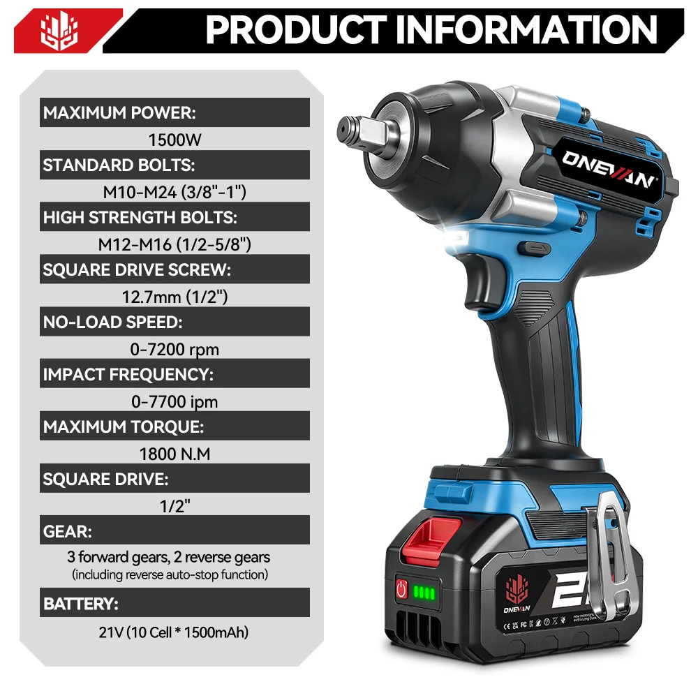 ONEVAN 1800N.M High Torque Brushless Electric Impact Wrench Battery 1/2" Cordless Wrench Power Tool For Makita 18V Battery Pin