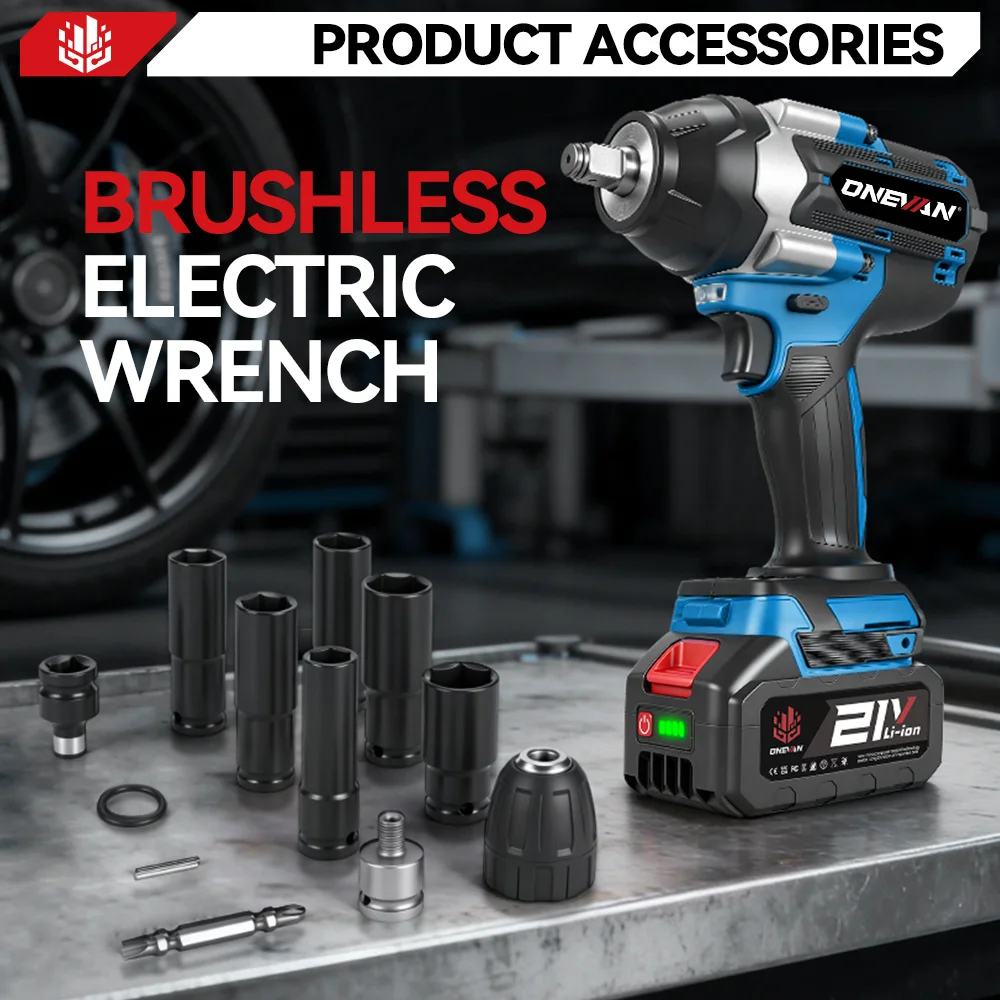 ONEVAN 1800N.M High Torque Brushless Electric Impact Wrench Battery 1/2" Cordless Wrench Power Tool For Makita 18V Battery Pin