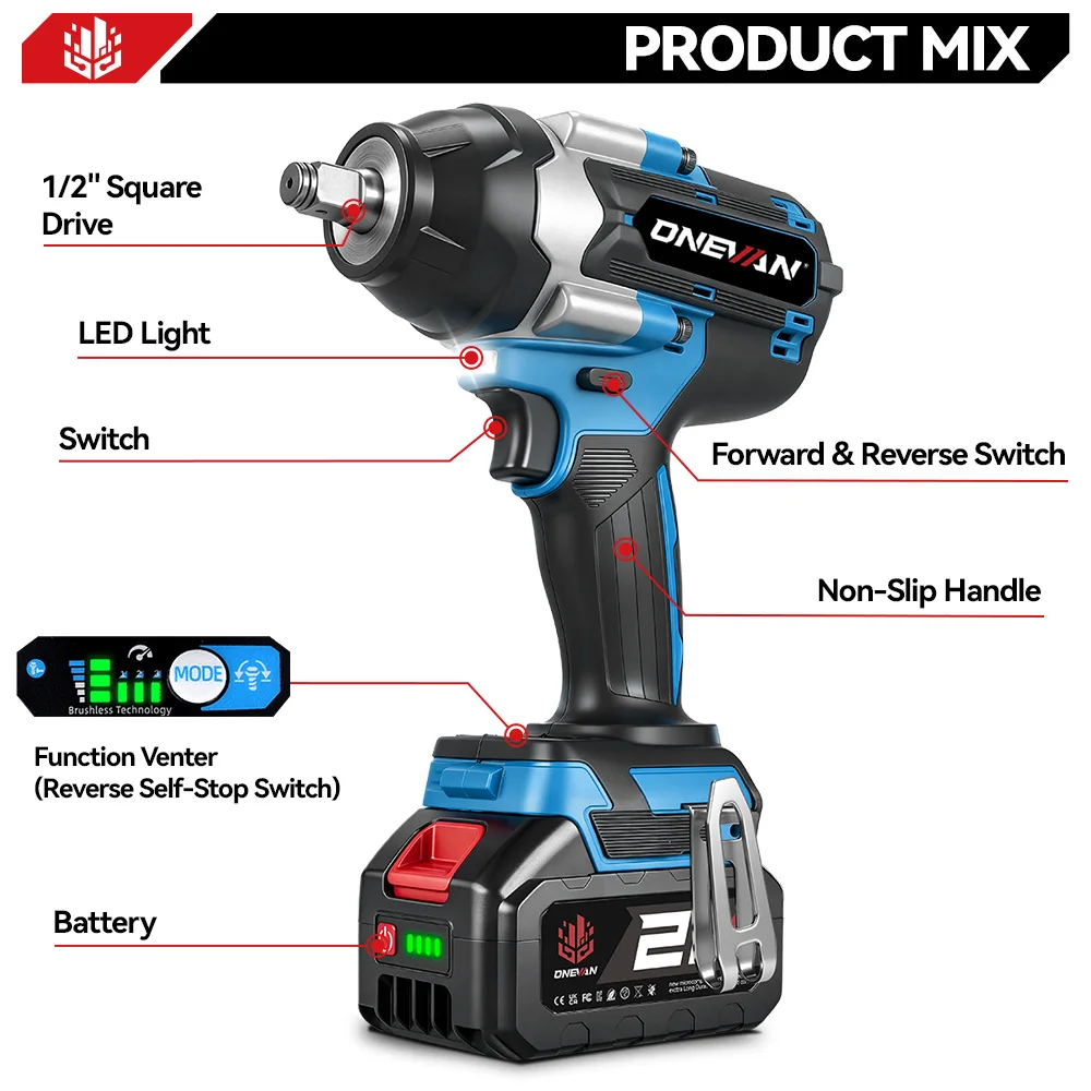 ONEVAN 1800N.M High Torque Brushless Electric Impact Wrench Battery 1/2" Cordless Wrench Power Tool For Makita 18V Battery Pin