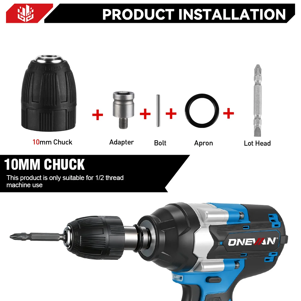 ONEVAN 1800N.M High Torque Brushless Electric Impact Wrench Battery 1/2" Cordless Wrench Power Tool For Makita 18V Battery Pin