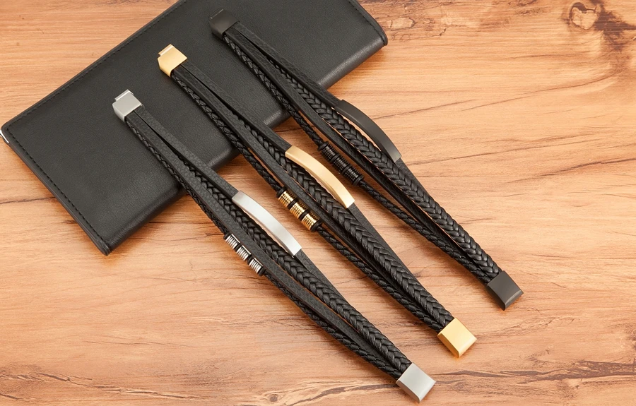 TYO New Stainless Steel Black Multilayer Genuine Leather Bracelet For Men Magnetic Clasp Button Vintage Braid Bangle Jewelry